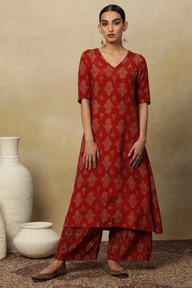 printed viscose v-neck women's festive wear kurta - red