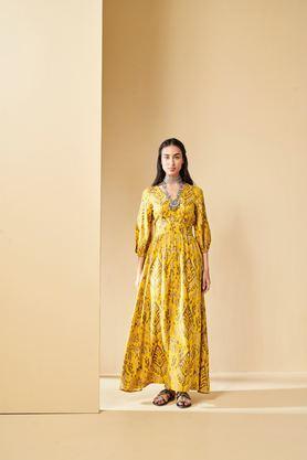 printed viscose v-neck women's fusion wear dress - mustard