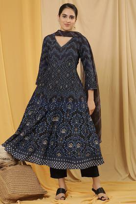 printed viscose woven women's kurta set - black