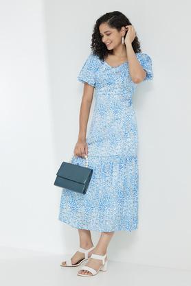 printed women's knee length dress - powder blue