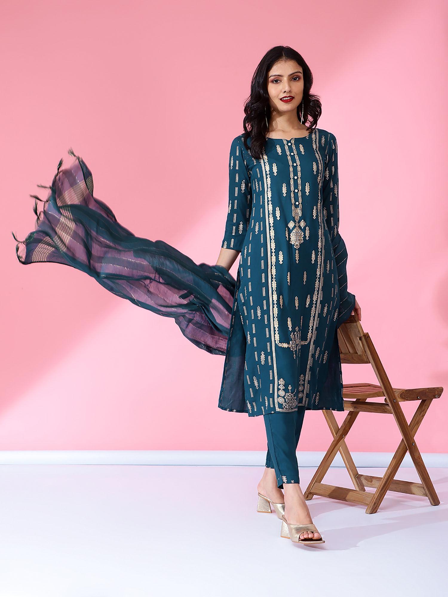 printed women navy blue kurta suits (set of 3)