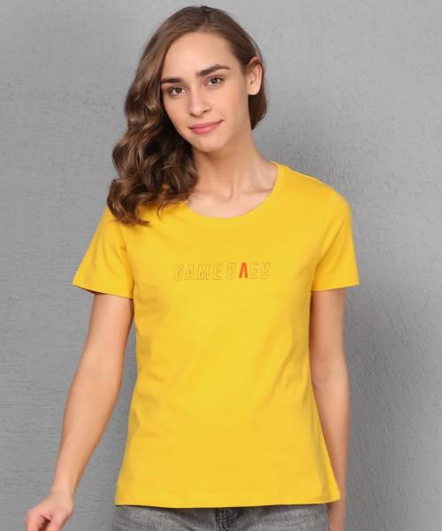 printed women round neck cotton blend yellow t-shirt