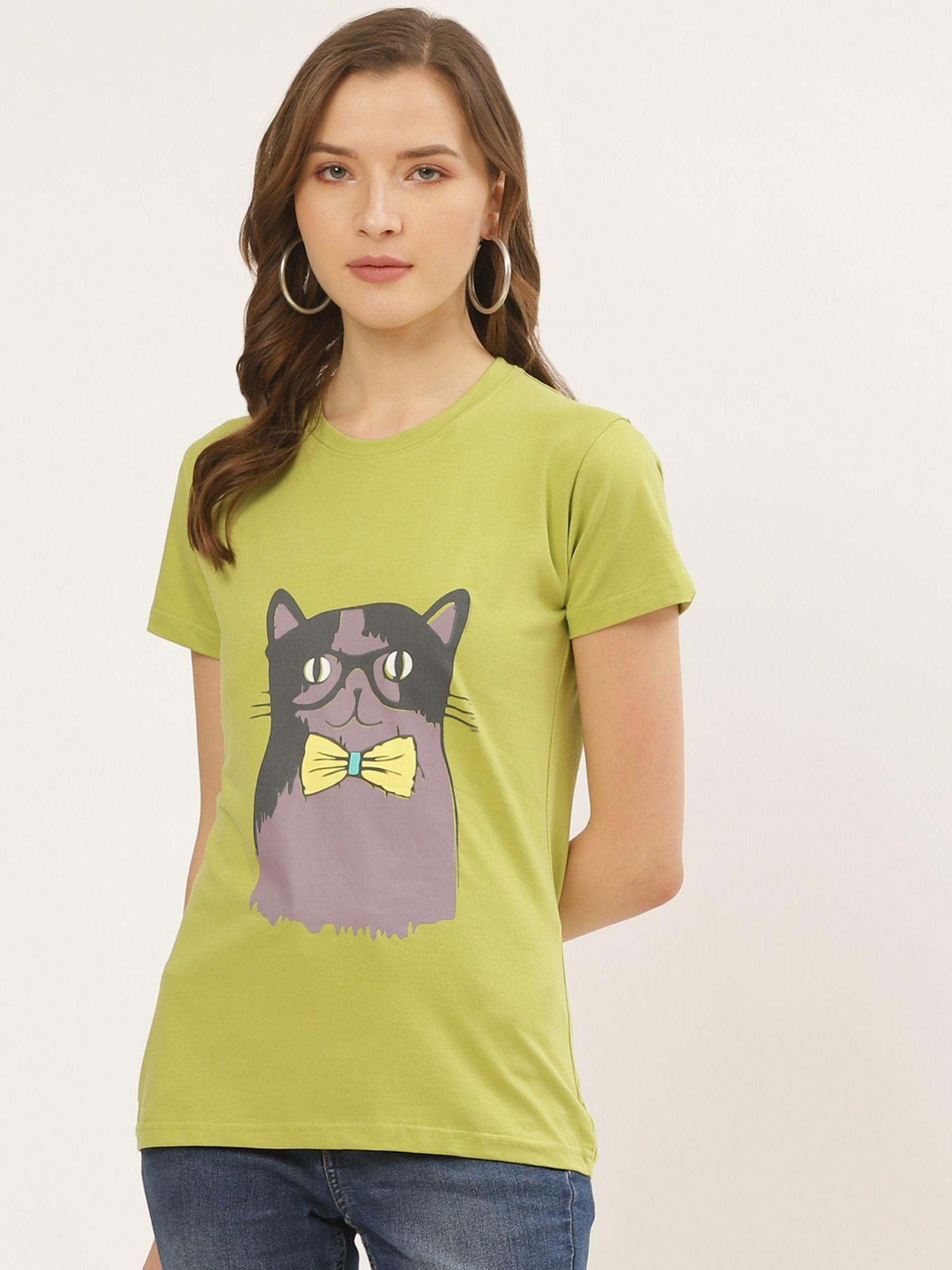 printed women round neck green t-shirt