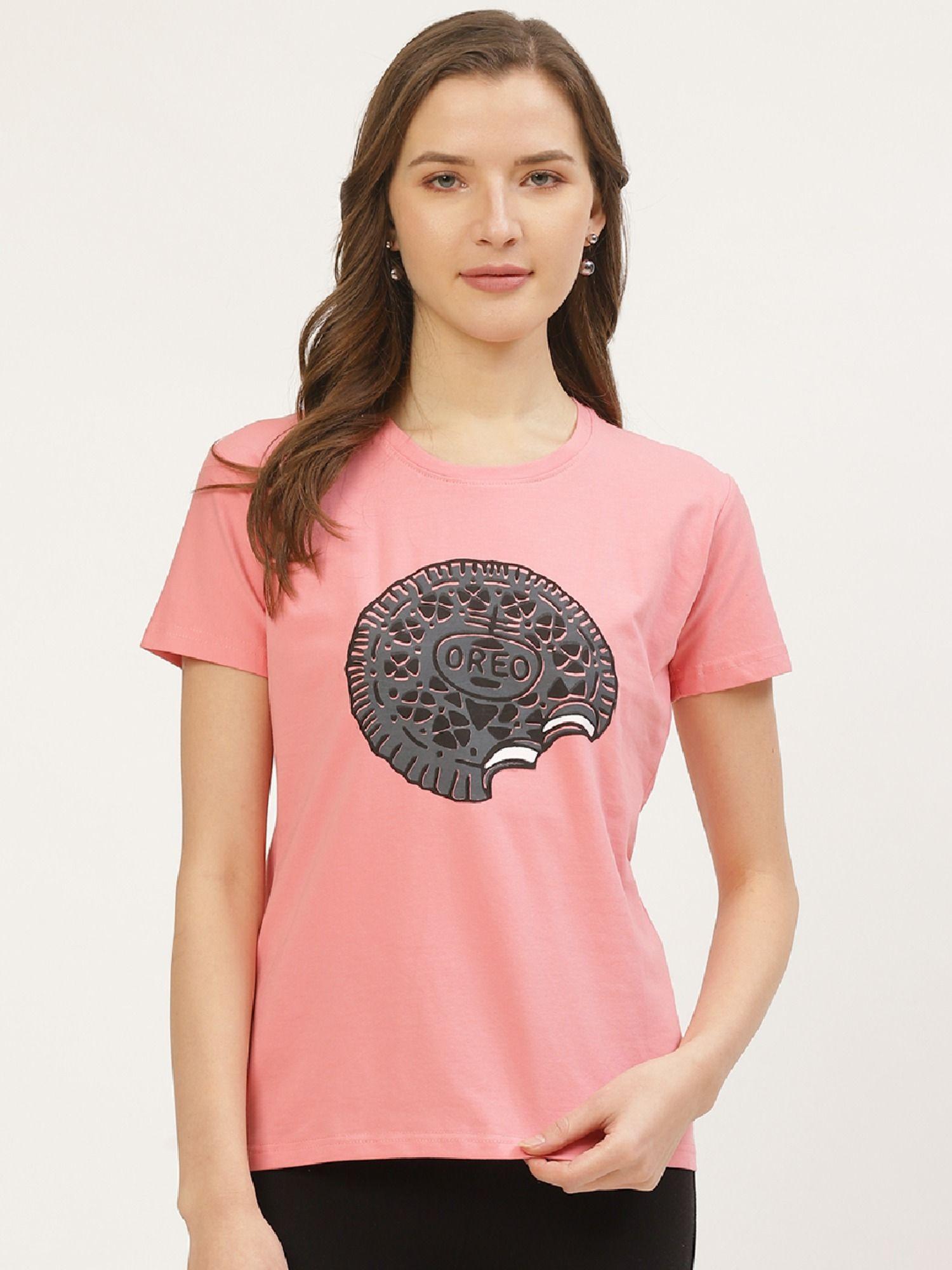 printed women round neck peach t-shirt