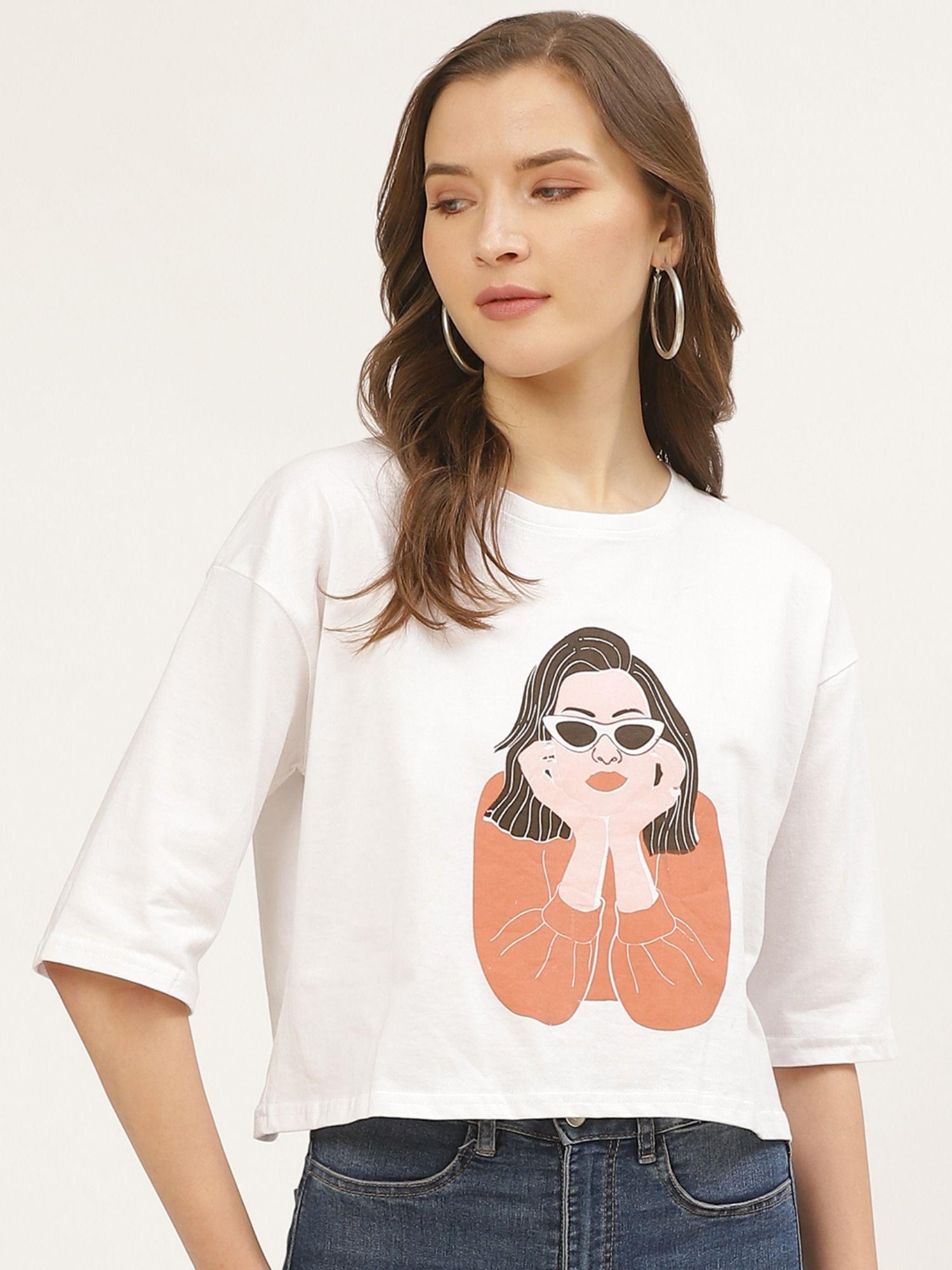 printed women round neck white t-shirt