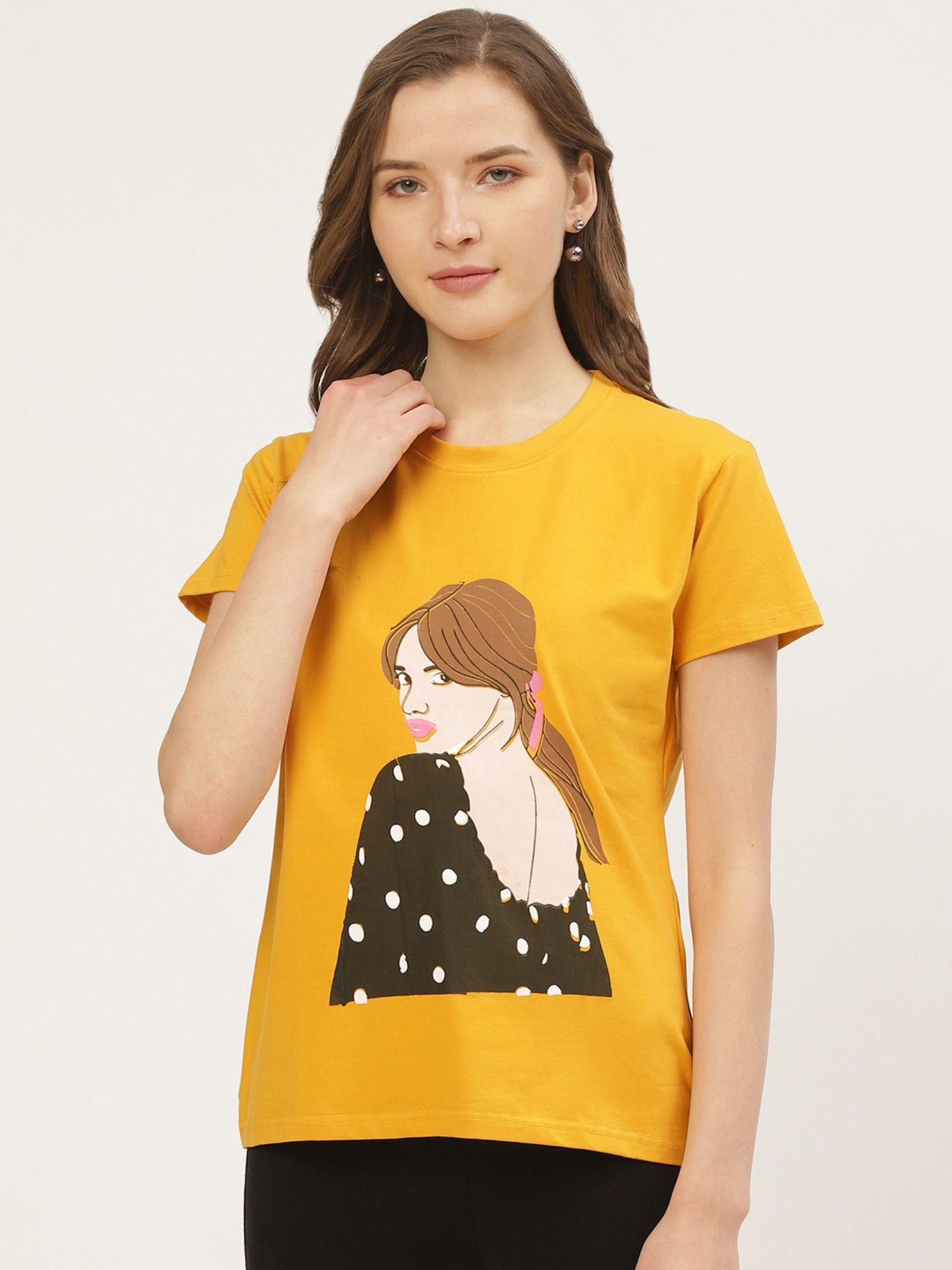 printed women round neck yellow t-shirt