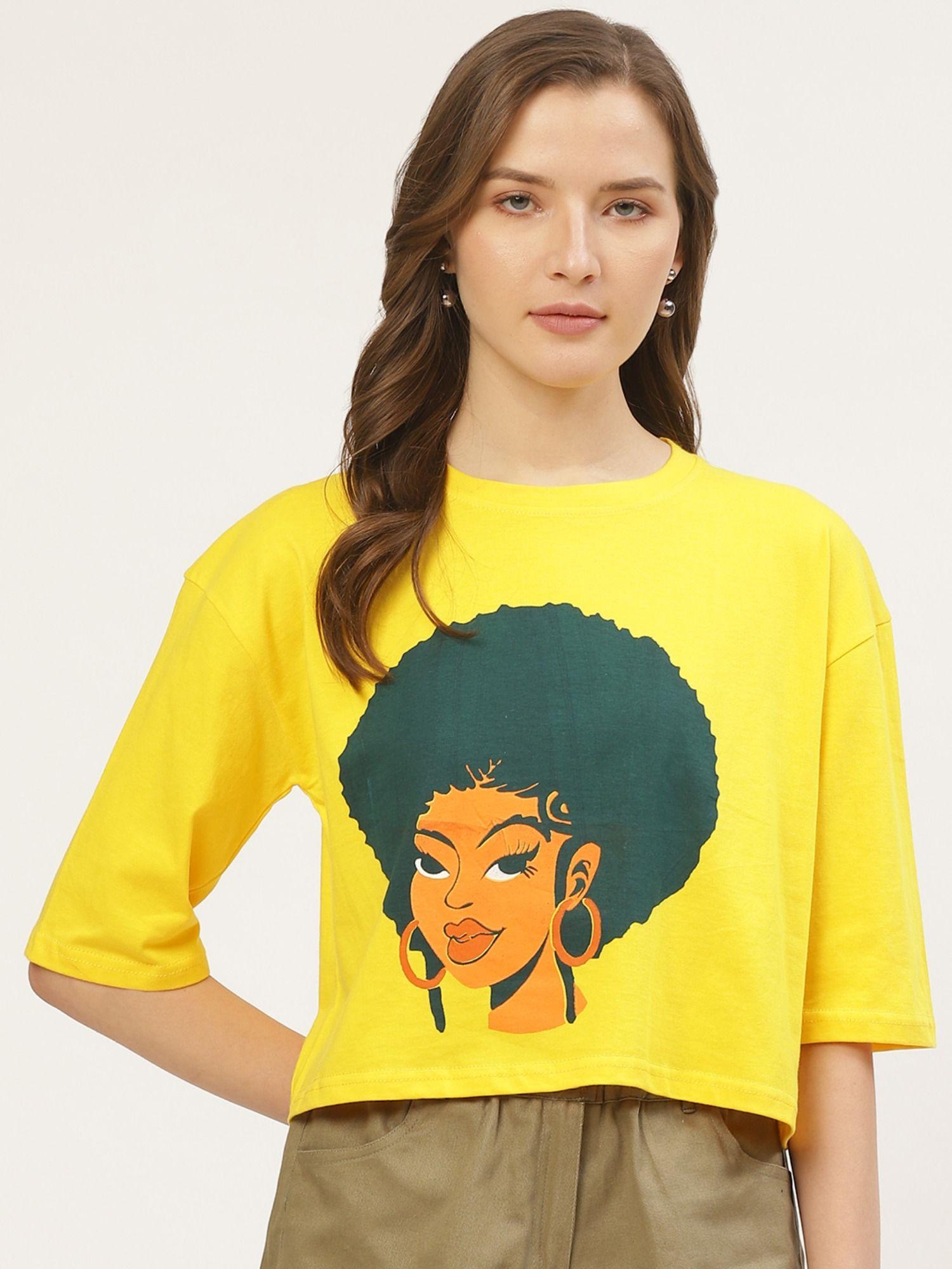 printed women round neck yellow t-shirt