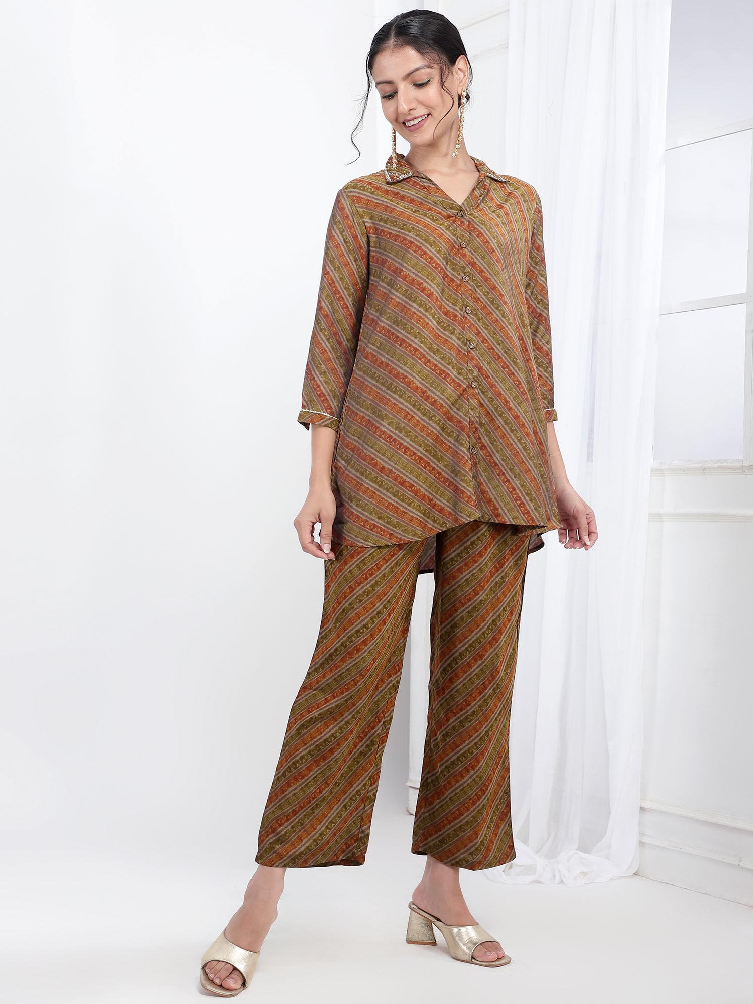 printed womens co-ord tunic with trouser - brown (set of 2)