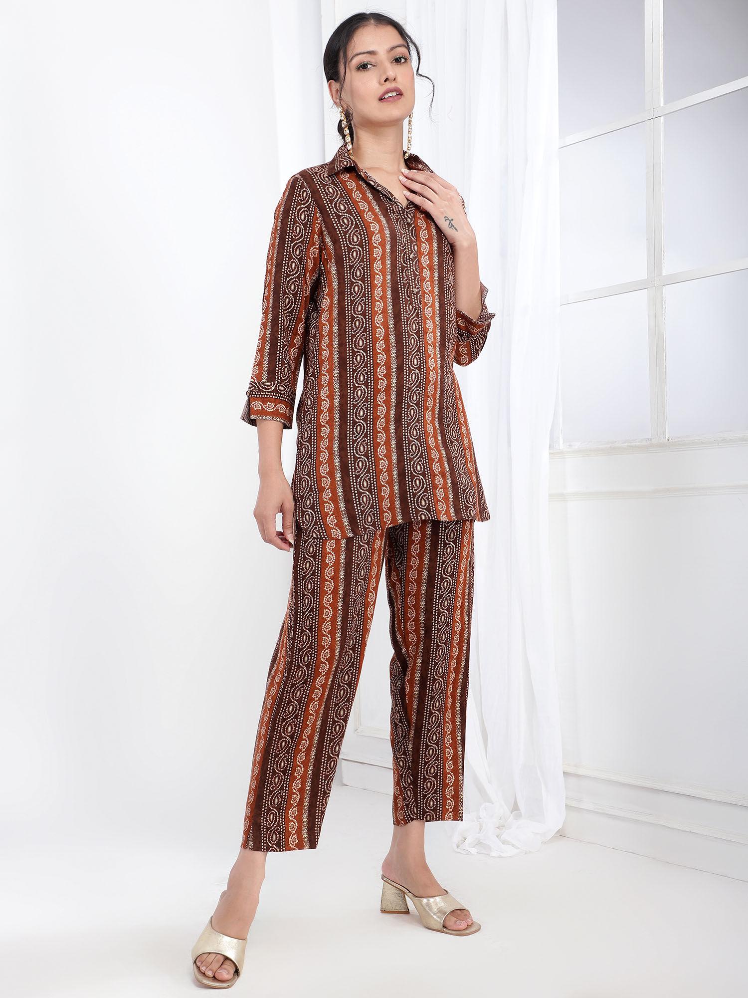 printed womens co-ord tunic with trouser - brown (set of 2)