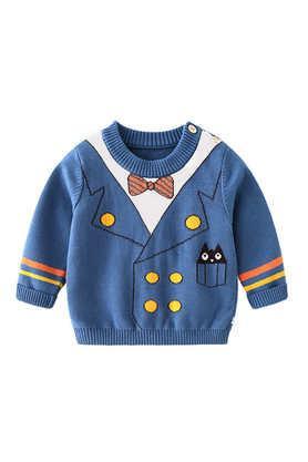 printed wool regular fit infant kids cardigan - blue