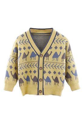 printed wool regular fit infant kids cardigan - yellow