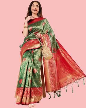 printed woven saree with zari pallu