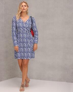 printed wrap dress with waist tie-up