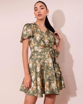 printed wrap fit & flare dress with belt