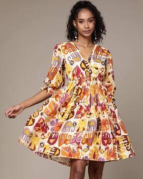 printed wrap fit & flare dress