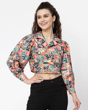 printed wrap top with cuffed sleeves
