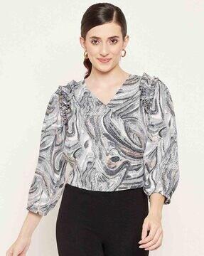 printed wrap top with puff sleeves