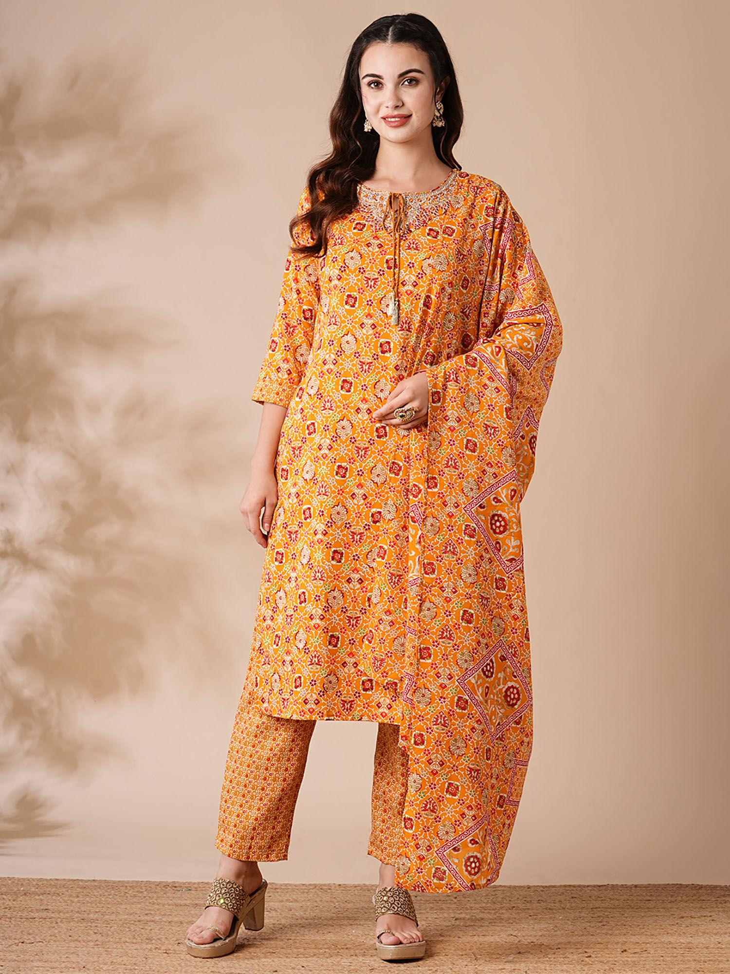printed zari and mirror embroidered kurta with pants and dupatta - yellow (set of 3)
