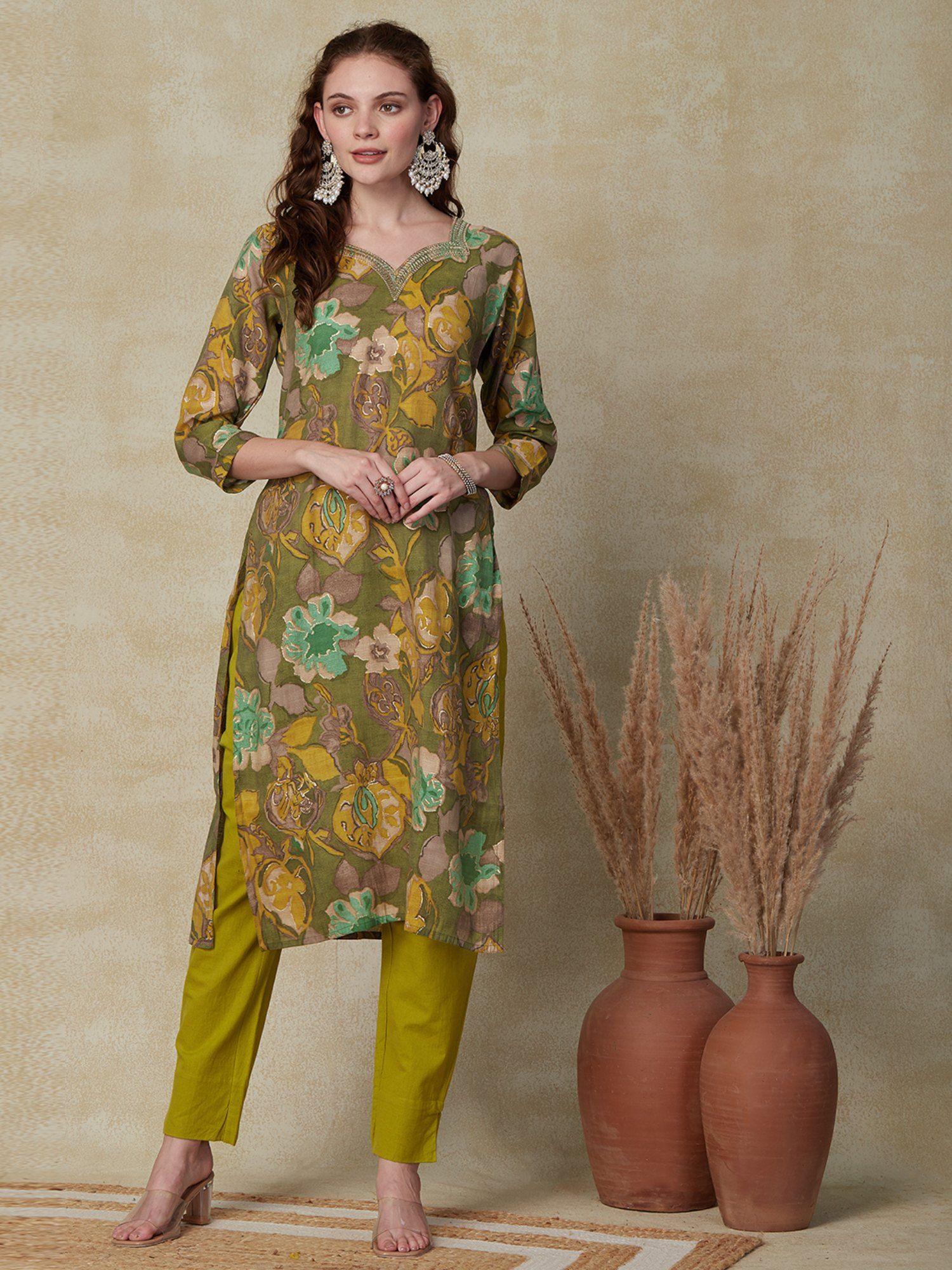 printed zari dori & sequins embroidered kurta - green