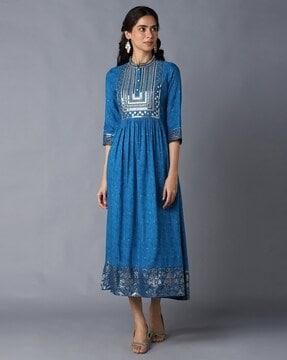 printed zari embroidered a-line dress