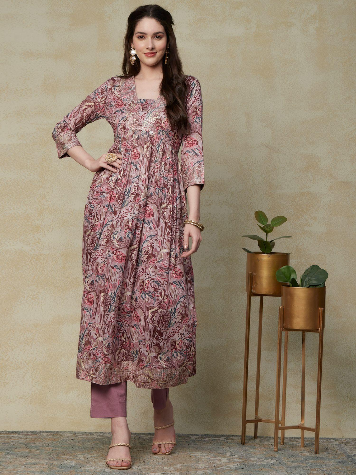 printed zari embroidered kurta with pants - light mauve (set of 2)