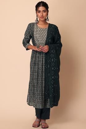 printed zari embroidered muslin kurta with pants and dupatta (set of 3) - grey
