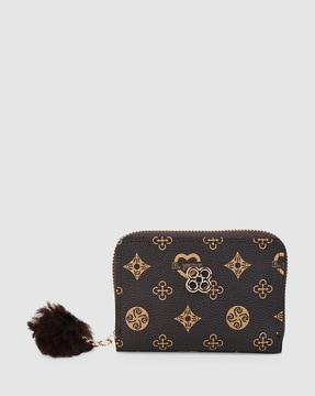 printed zip-around wallet with pom-pom