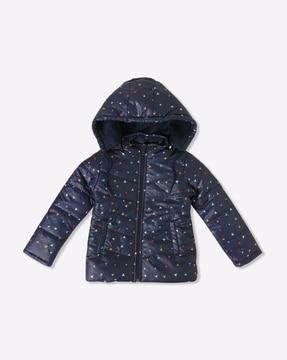 printed zip-front hooded puffer jacket