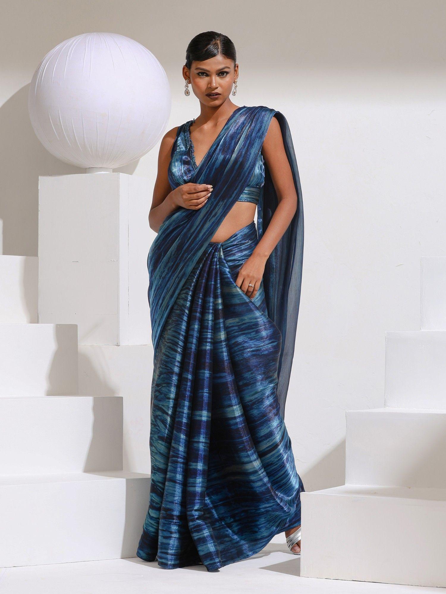 prism blue print organza chiffon saree with bead latkan & self with unstitched blouse