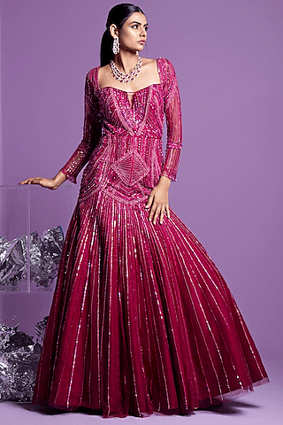 prism pink mesh embellished mermaid gown