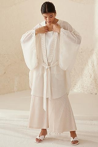 pristine white georgette & modal hand block printed kimono set