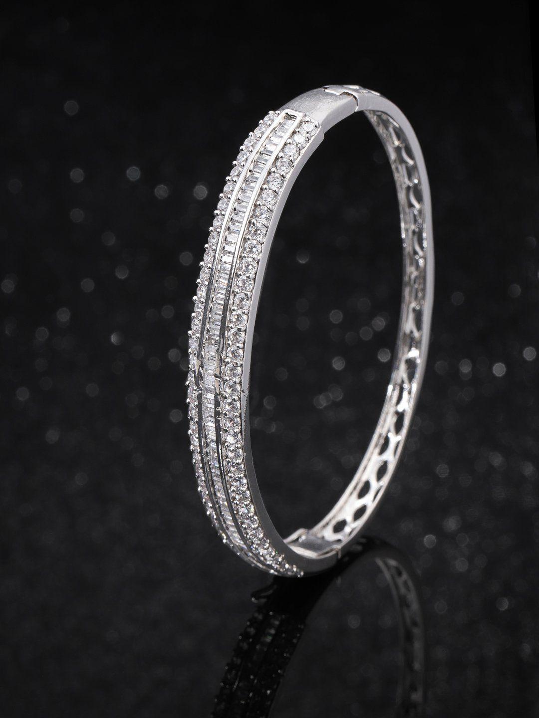 prita by priyaasi women silver-toned brass american diamond silver-plated bangle-style bracelet