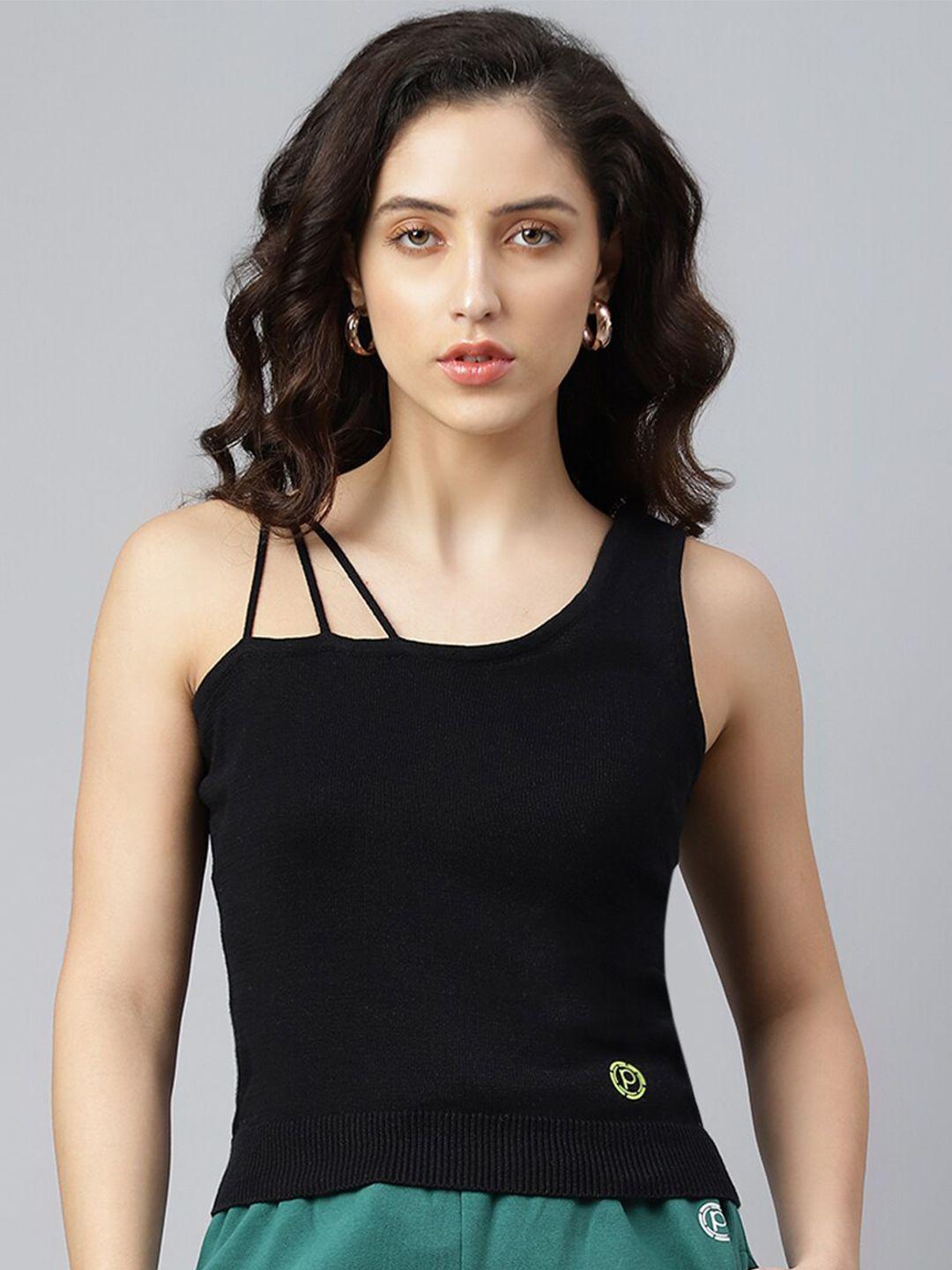 pritla women black solid one shoulder organic cotton top