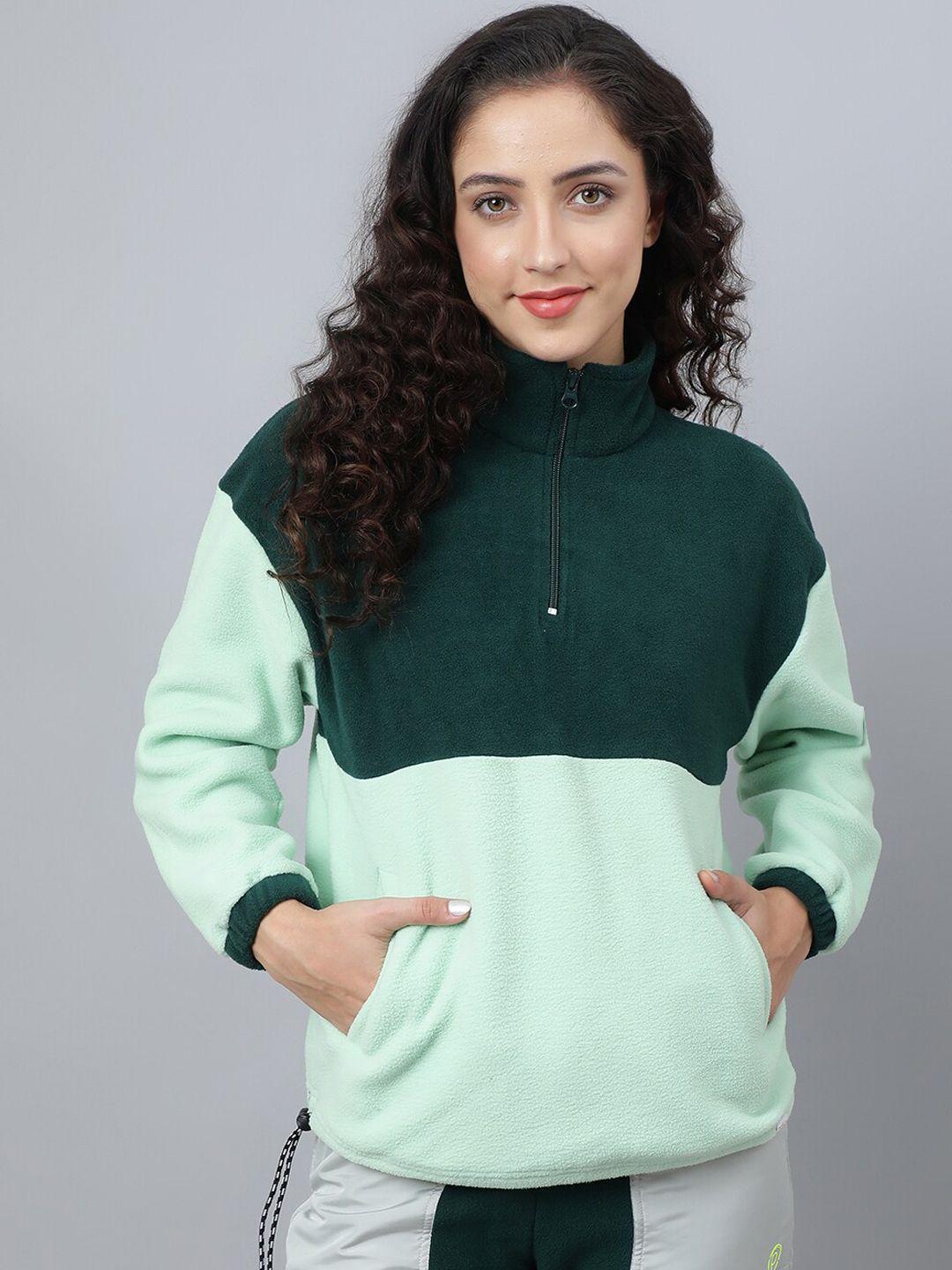 pritla women green & sea green colourblocked training or gym sporty jacket