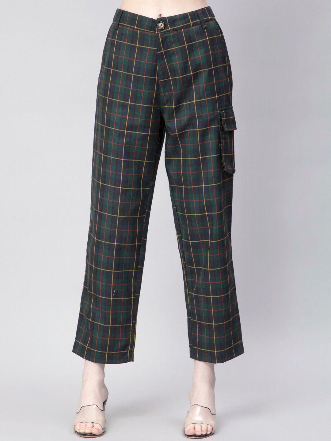 pritla women green checked easy wash trousers