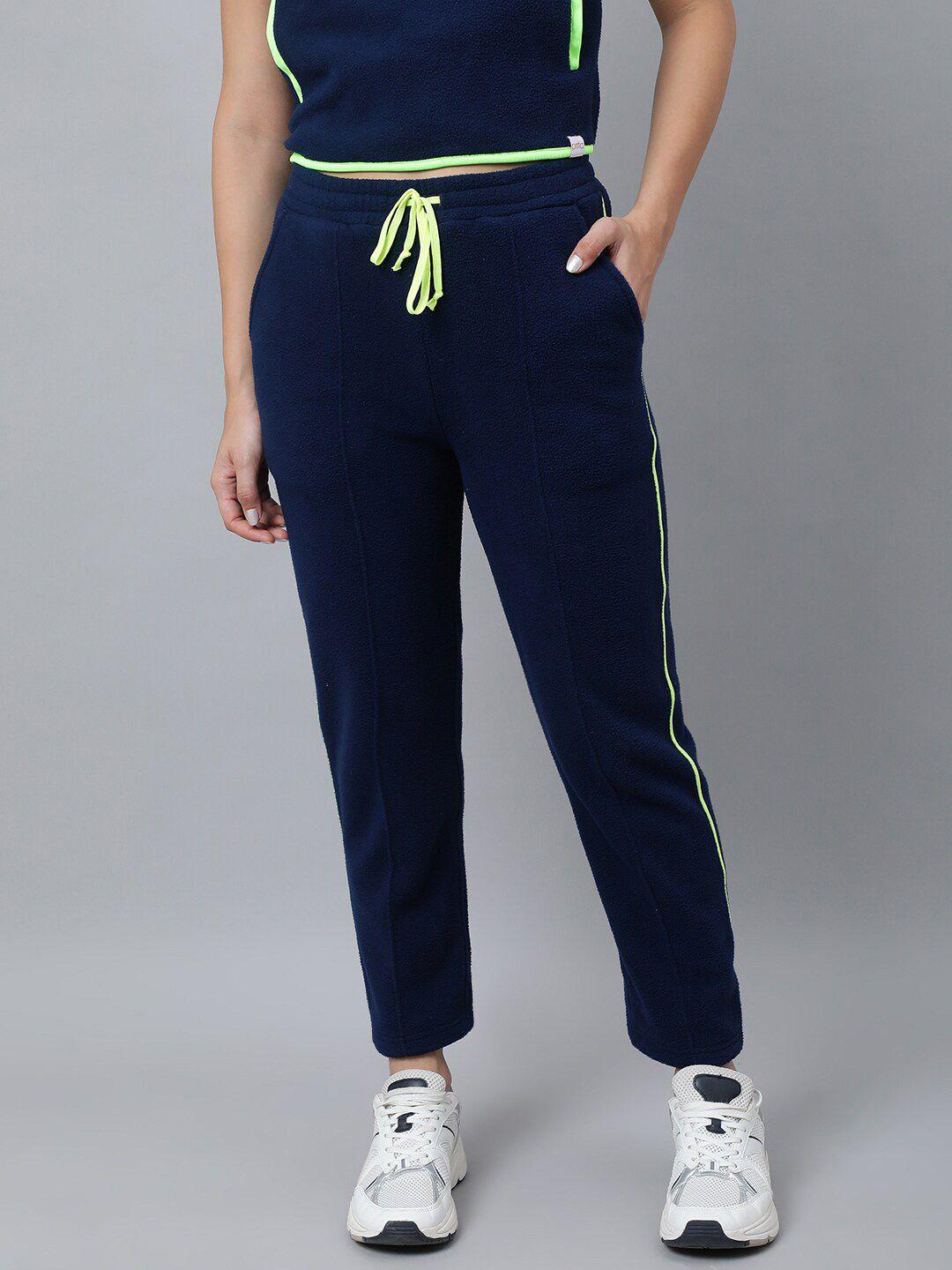 pritla women navy blue and lime green solid joggers