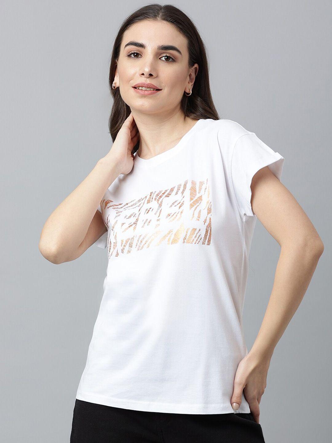 pritla women white & gold-toned typography printed  organic cotton t-shirt