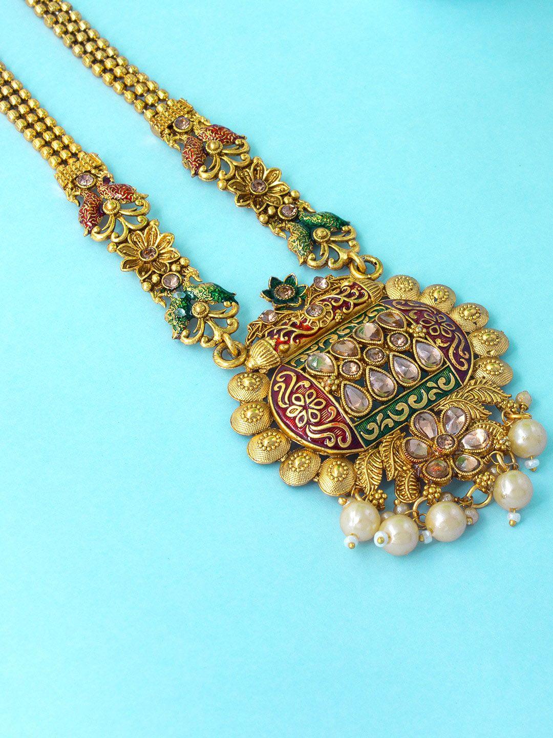 priviu gold-plated pearl & kundan stone long necklace with earring jewellery set