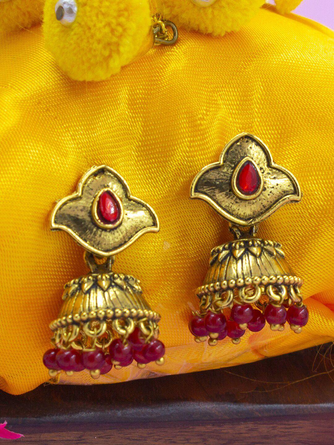 priviu gold-plated stone studded & beaded classic jhumkas earrings
