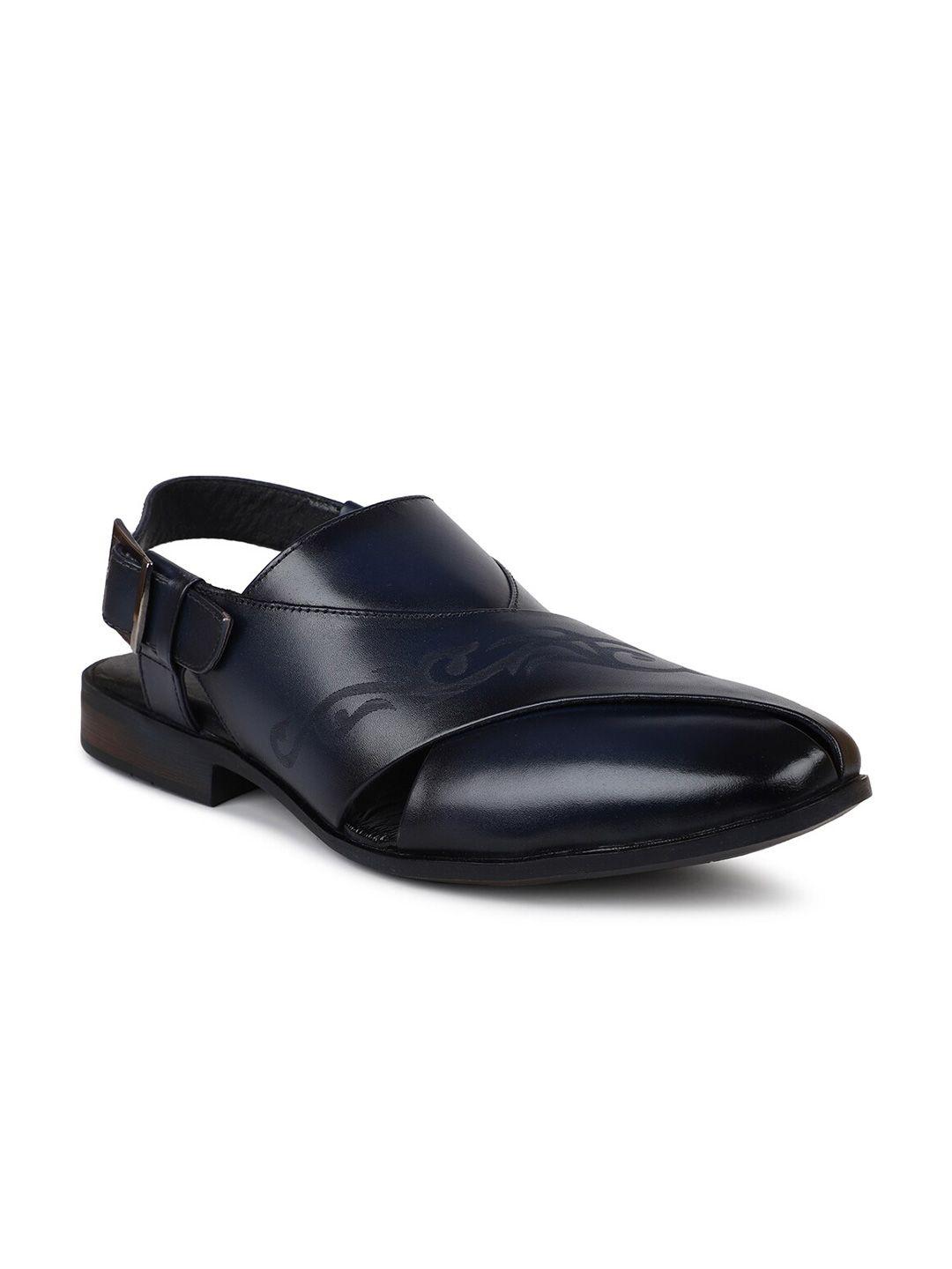privo men navy blue self design leather close toe shoe style sandal