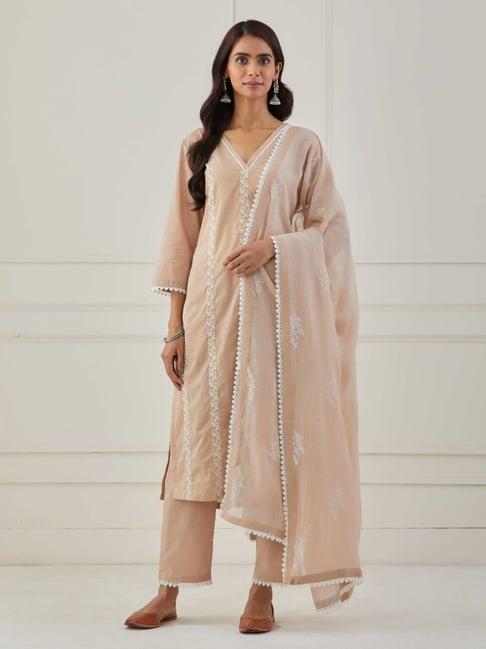 priya chaudhary beige sudha embroidered cotton kurta with pants