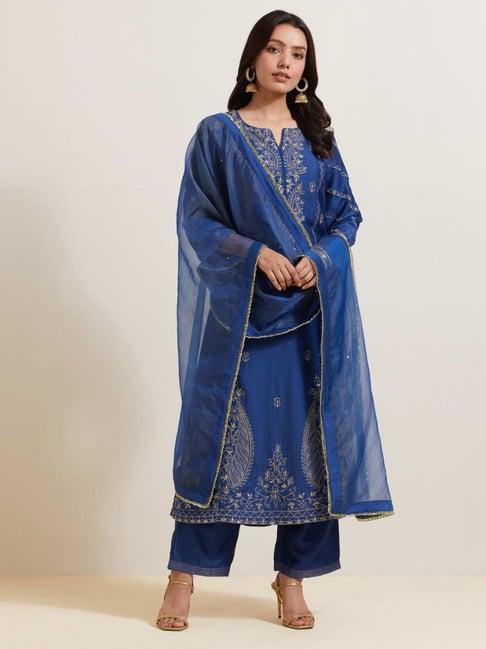 priya chaudhary blue afreen embroidered chanderi silk kurta with pants and shimmer organza dupatta