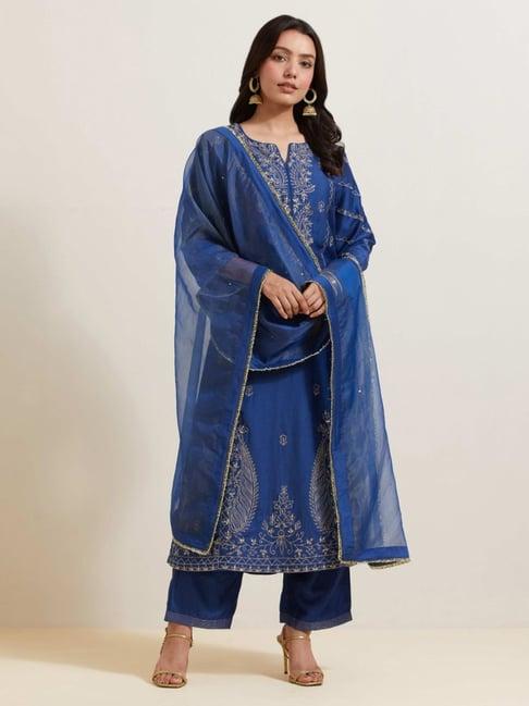 priya chaudhary blue afreen embroidered chanderi silk kurta with pants