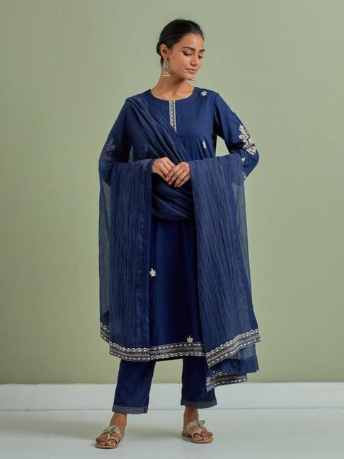 priya chaudhary blue lara embroidered cotton kurta with pants and kota cotton dupatta