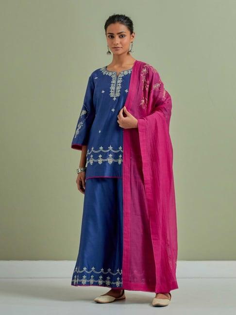 priya chaudhary blue qainat embroidered chanderi silk kurta with palazzo and chanderi dupatta