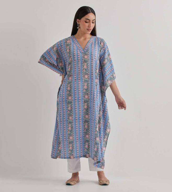 priya chaudhary blue varsha cotton printed kaftan with pants