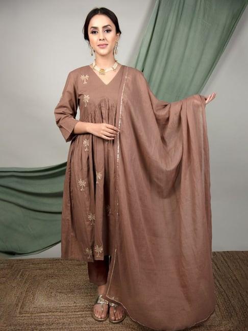 priya chaudhary brown rumi hand embroidery kurta with cotton pants