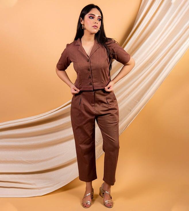 priya chaudhary brown umber classic crop shirt and pant in a cotton twill