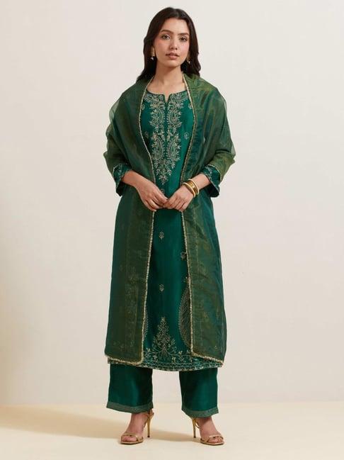 priya chaudhary green afreen embroidered chanderi silk kurta with pants and shimmer organza dupatta