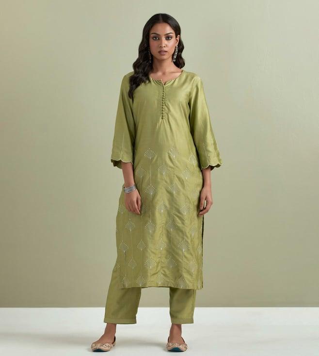 priya chaudhary green ambrosia embroidered chanderi silk kurta with pants